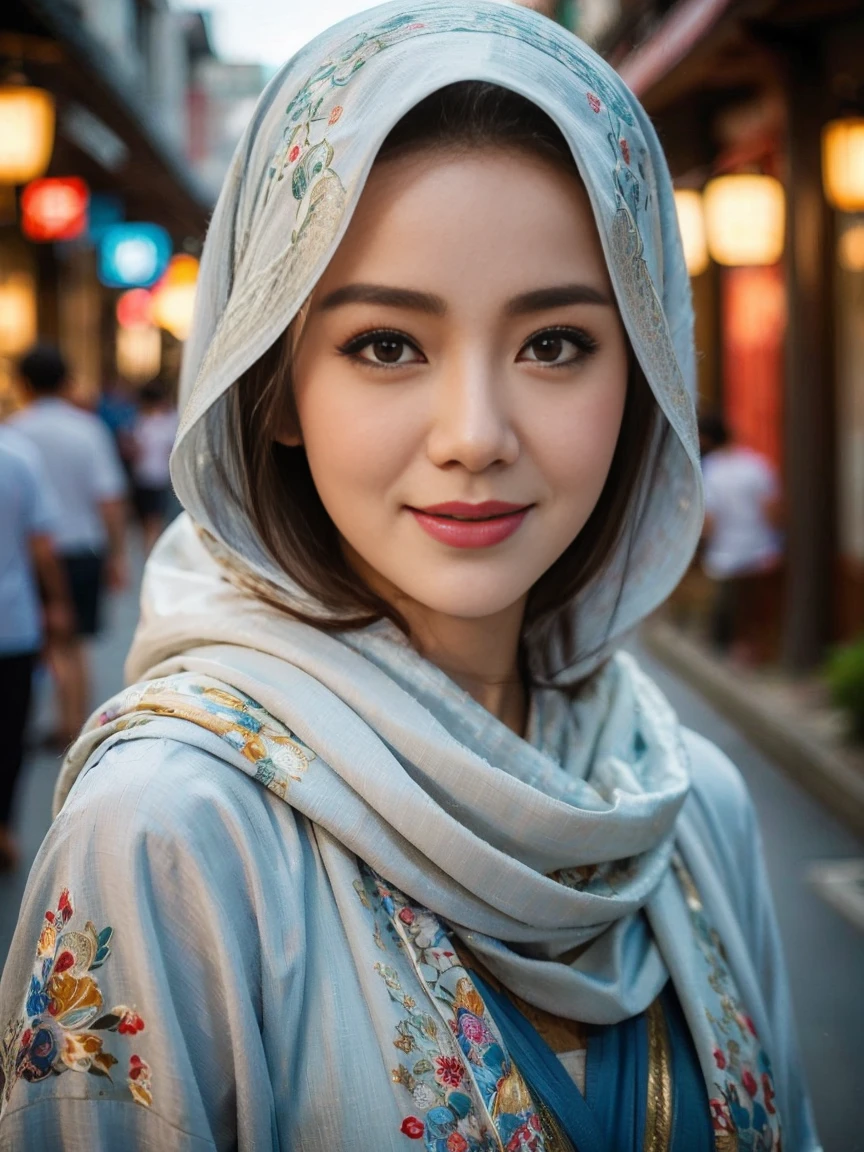 Best quality, masterpiece, realistic photos, intricate details, original photos, wearing traditional baju kurung, ultra-detailed, detailed faces, detailed skins, trends on artstation, 8k masterpieces, cinematic lighting, ((1girl)), ((solo)), rounded breast, slim fit body, long hijab, eid mubarak in malay village, half body