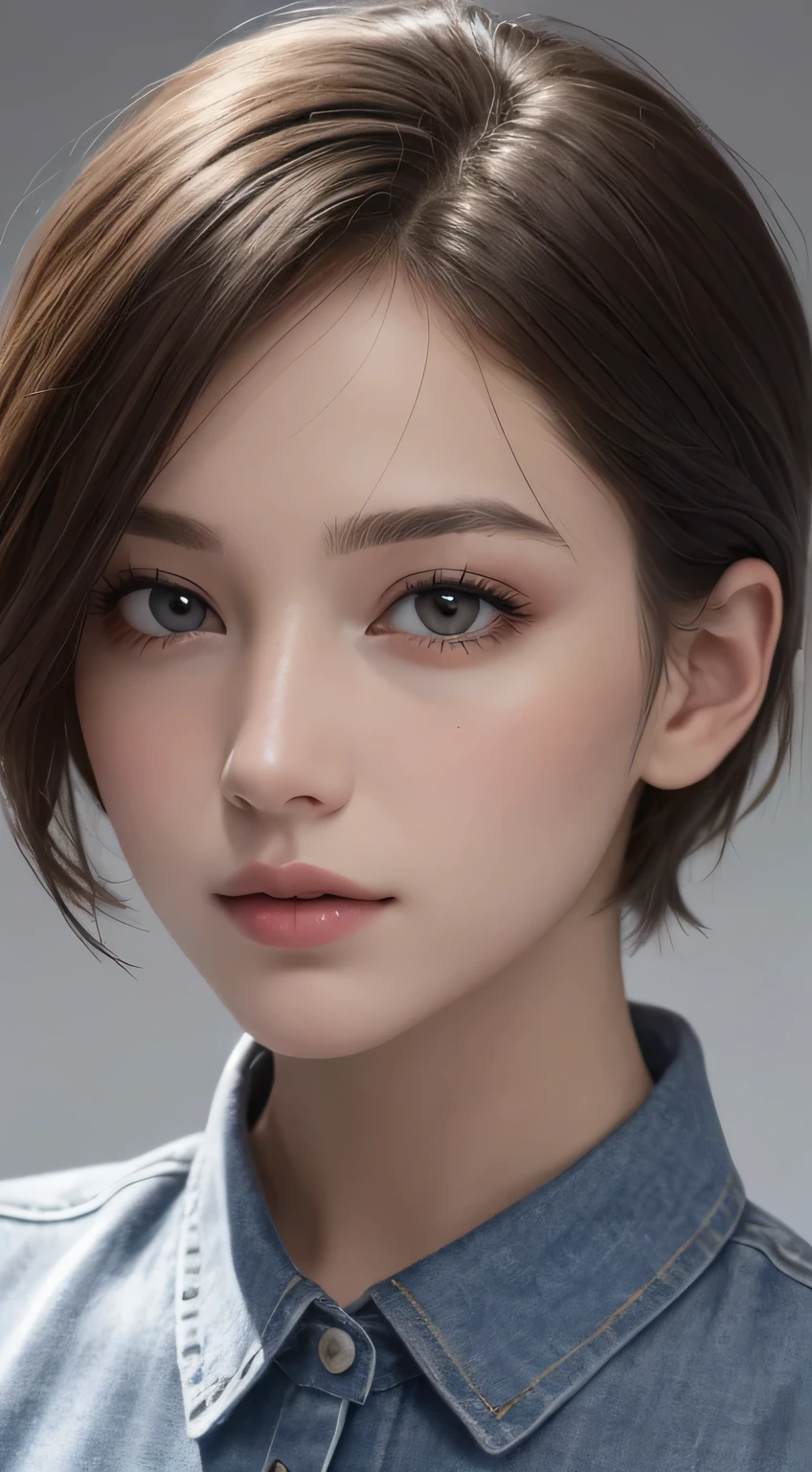 (photograph:1.2)、(photorealistic:1.3)、(masterpiece:1.3)、(Highest image quality:1.4)、ultra high resolution、(detailed eyes)、(detailed facial features)、(Detailed garment features)、8K resolution、solo focus、26 year old mature woman、small face、no makeup、Detailed beautiful eyes、bangs、dark blue hair、short cut hair、(realistic skin)、beautiful skin、charming、ultra high resolution、Super realistic、High definition、Camisa branca aberta,middlebre、small breasts、bust B cup、small breasts、cool beauty、Gray background、cinematic lighting、perfect、soft light、High resolution skin:1.2、realistic skin texture、26 years old mature woman、small face、no makeup、Bust B Cup、Detailed beautiful brown eyes、short hair、dark brown hair、Cool beauty、gray background