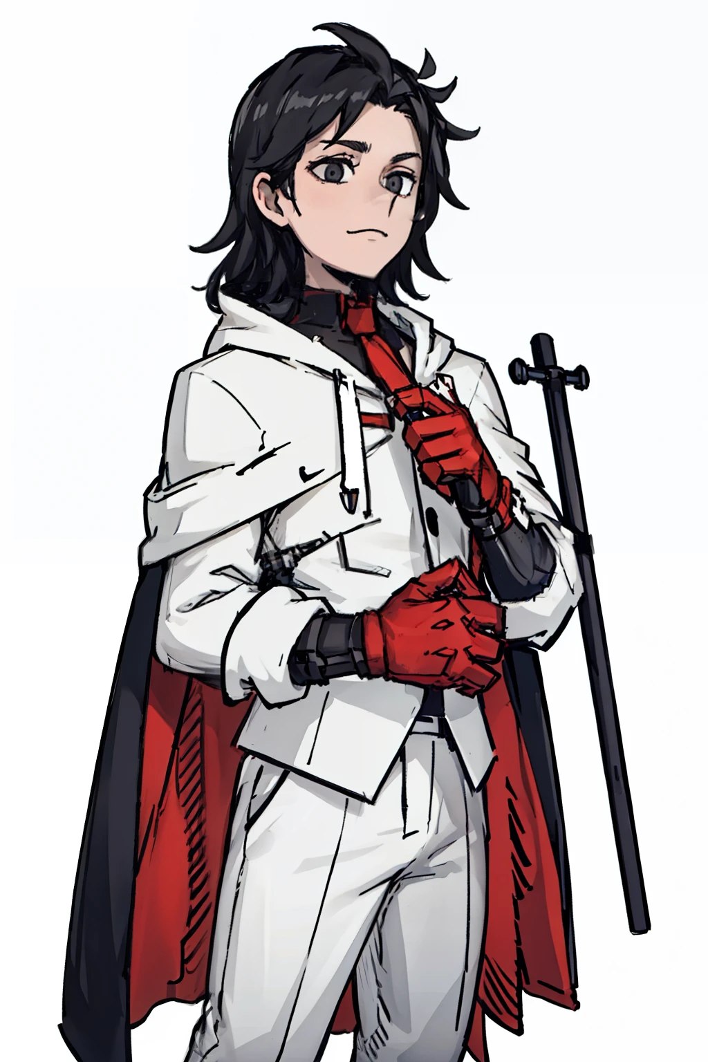 A young man,front,((Half Body,Black hair)),hood,crutch,White clothes,Red Cape,Solid color background,White background