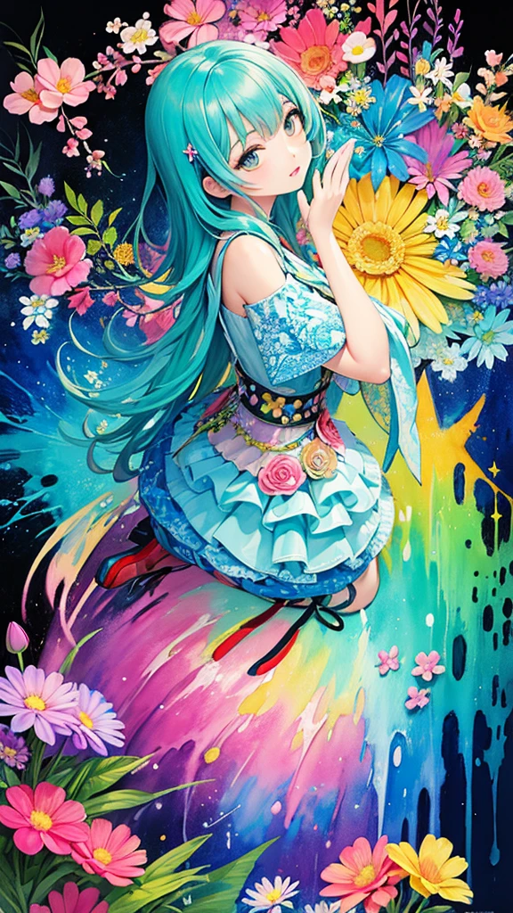Masayo style、(((Landmine fashion))), 8K Quality、Intense watercolor, Detailed watercolor art, Watercolor splash, Surreal, avant-garde pop art, Beautiful and expressive paintings, Beautiful artwork illustration, Very colorful tones, wonderful, Cool beauty, highest quality、Official Art, Vector art, Stylish design, (((The most beautiful girl))), (((highest quality))), HDR, ((detailed)), (((Doodle Art)), ((masterpiece)), ((Super detailed)), (((Colorful flowers))),(((Stylish))),
