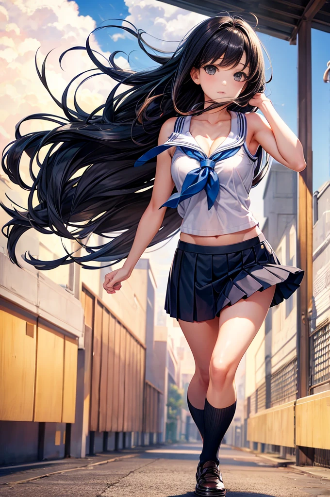 School girl, windy, mini skirt, cleavage, bare shoulders, skirt wind, full body