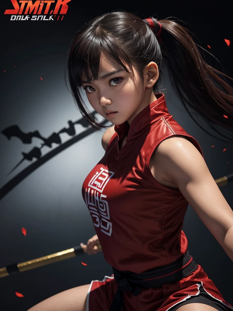 8K, Indonesian girl,cute innocent face,15 years old girl,ponyTail,dark brown hair,sexy red silat suit,small breast,high quality silat、Dynamic Actions、fighting pose、dynamic background for sports poster, teenage face,Look at viewers,