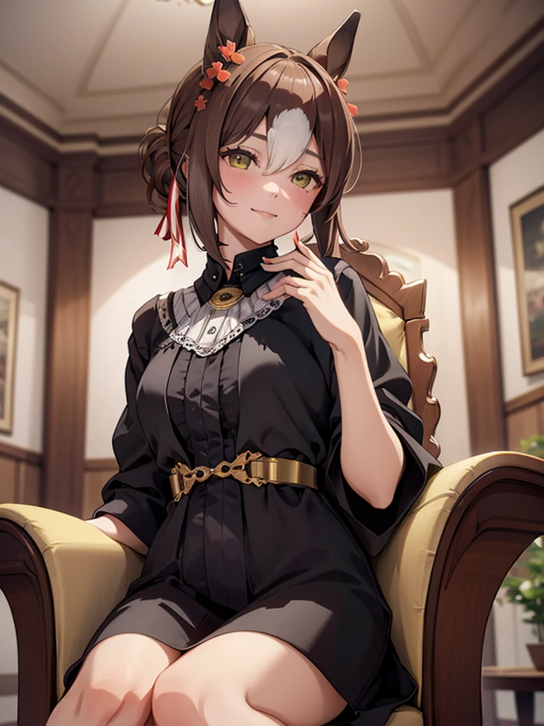 (​masterpiece、top-quality、hight resolution、Unity 8k Wallpaper、extremely details CG:1), A wealthy, gentle widow is depicted in a cozy, elegant room. She is dressed in high-quality, understated clothing that subtly hints at her wealth. Her demeanor is calm and composed, with a soft, warm smile on her face. She exudes an air of sophistication and tranquility, sitting gracefully in a luxurious armchair. The background of the room is tastefully decorated, with subtle hints of her affluent lifestyle, such as fine furniture, soft lighting, and delicate decor. The overall atmosphere is one of comfort, elegance, and refined grace, with a slight touch of melancholy due to her widowhood. 