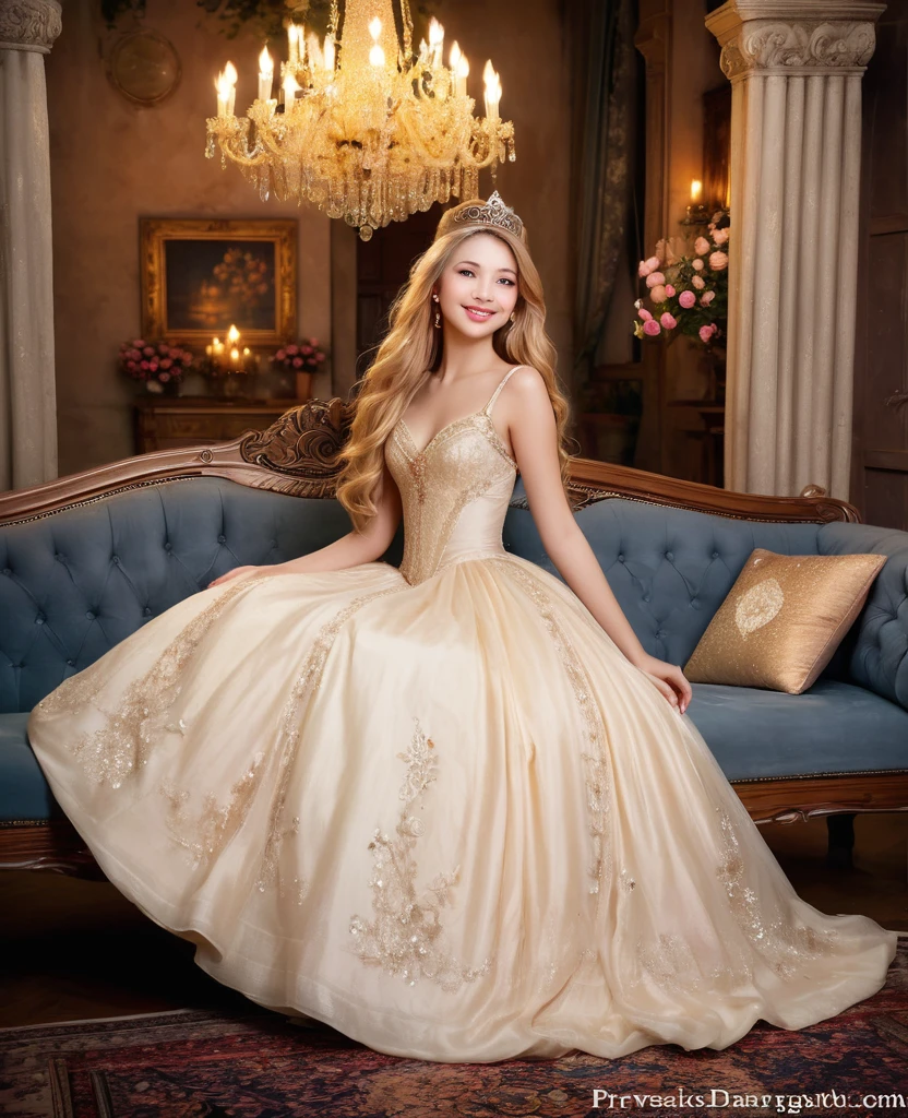 princess, blissful languor, dreamy gaze, beautifully adorned gown, enchanting castle, golden tiara, flowing golden hair, sparkling eyes, starry night sky, soft candlelight, dancing shadows, whispered secrets, romantic atmosphere, gentle breeze, rustling leaves, fragrant roses, intricate tapestries, shimmering moonlight, sparkling stars, mesmerizing enchantment, ethereal beauty, luxurious velvet cushions, delicate lace curtains, silken pillows, majestic chandelier, dimly lit corridors, whispering echoes, antique furniture, splendid ballroom, exquisite ball gown, dancing with grace, inviting smile, enchanted waltz, dashing Prince Charming, heartfelt connection, magical midnight fantasy,pure love, forever after. (best quality,ultra-detailed, realistic), soft pastel colors, warm golden lighting.