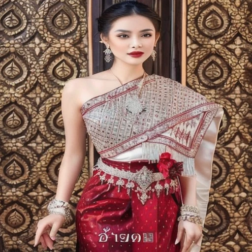 Close-up of woman in red and white dress, Sukhothai dress, traditional beauty, Wear elegant clothes, Wear a luxurious tribal outfit., Wear luxurious clothes, According to Thawan Duchanee&#39;s style, สวมtraditional outfit, Southeast Asia that has existed for a long time, traditional outfit, Tailoring a suit according to tradition, traditional clothing, traditional clothing