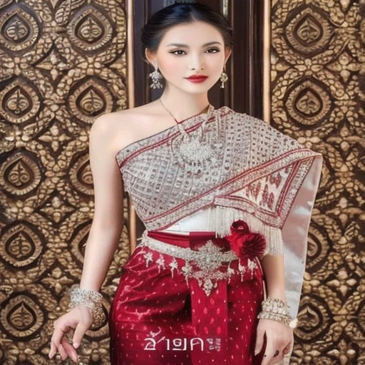 Close-up of woman in red and white dress, Sukhothai dress, traditional beauty, Wear elegant clothes, Wear a luxurious tribal outfit., Wear luxurious clothes, According to Thawan Duchanee&#39;s style, สวมtraditional outfit, Southeast Asia that has existed for a long time, traditional outfit, Tailoring a suit according to tradition, traditional clothing, traditional clothing