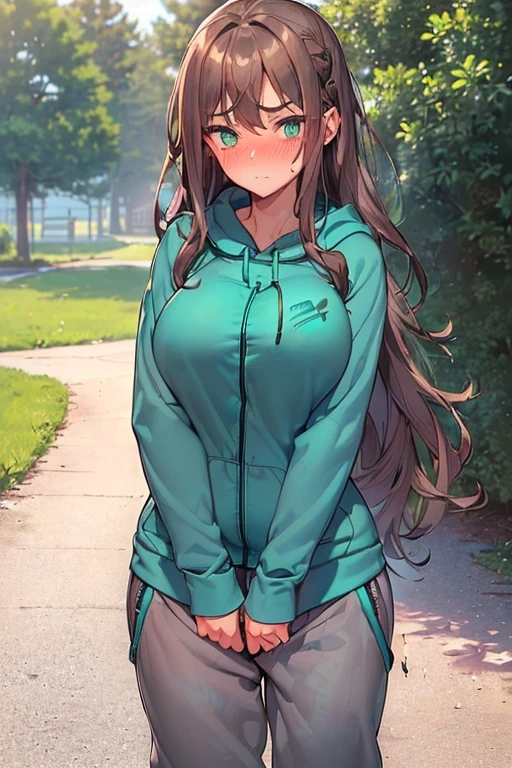 (((slightly big breasts))), ((best quality)), ((masterpiece)), (detailed), (((perfect face))), (((slender 16 year old teen girl wearing teal zip hoodie))), ((((gray sweatpants)))), ((dark brown hair)), ((long wavy hair)), (((beautiful green eyes))), ((shy:1.3)), ((blushing:1.6)),((back facing the camera)), ((ass facing the camera)), ((sexy thighs)), ((sexy legs)), (((outside next to a tree))), ((((looking at camera))))