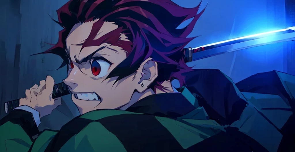 red hair, aggressive , katana, green and black kimono, red eyes, white teeths
