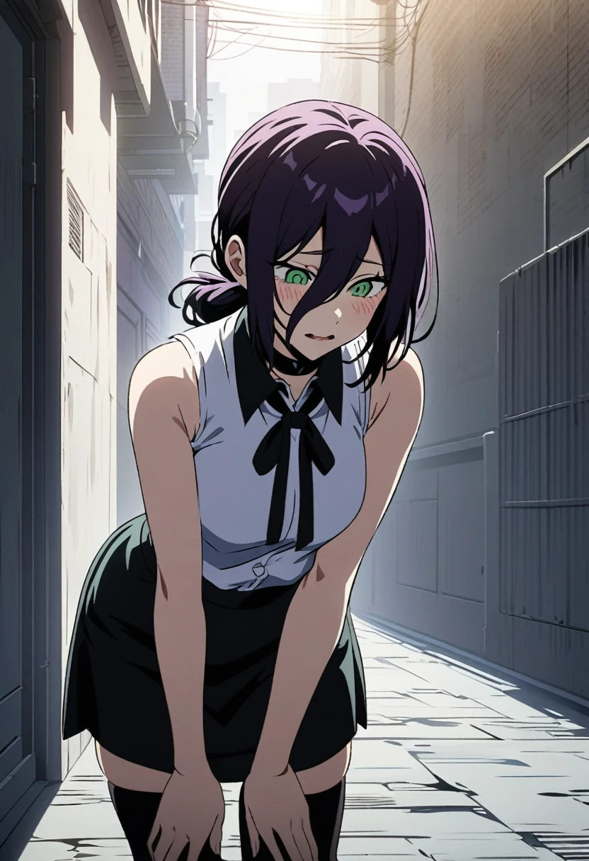 Reze，Reze Chainsaw Man，1girl, solo, short purple hair, green eyes, shy expression, blushing, black choker, white sleeveless shirt, black ribbon on collar, black high-waisted short skirt with slit, black thigh-high stockings, standing pose, body slightly leaning forward, hands down, left hand touching skirt, alleyway background, cityscape, shadowed walls, sunlight from above, anime style, high contrast, detailed linework, soft lighting