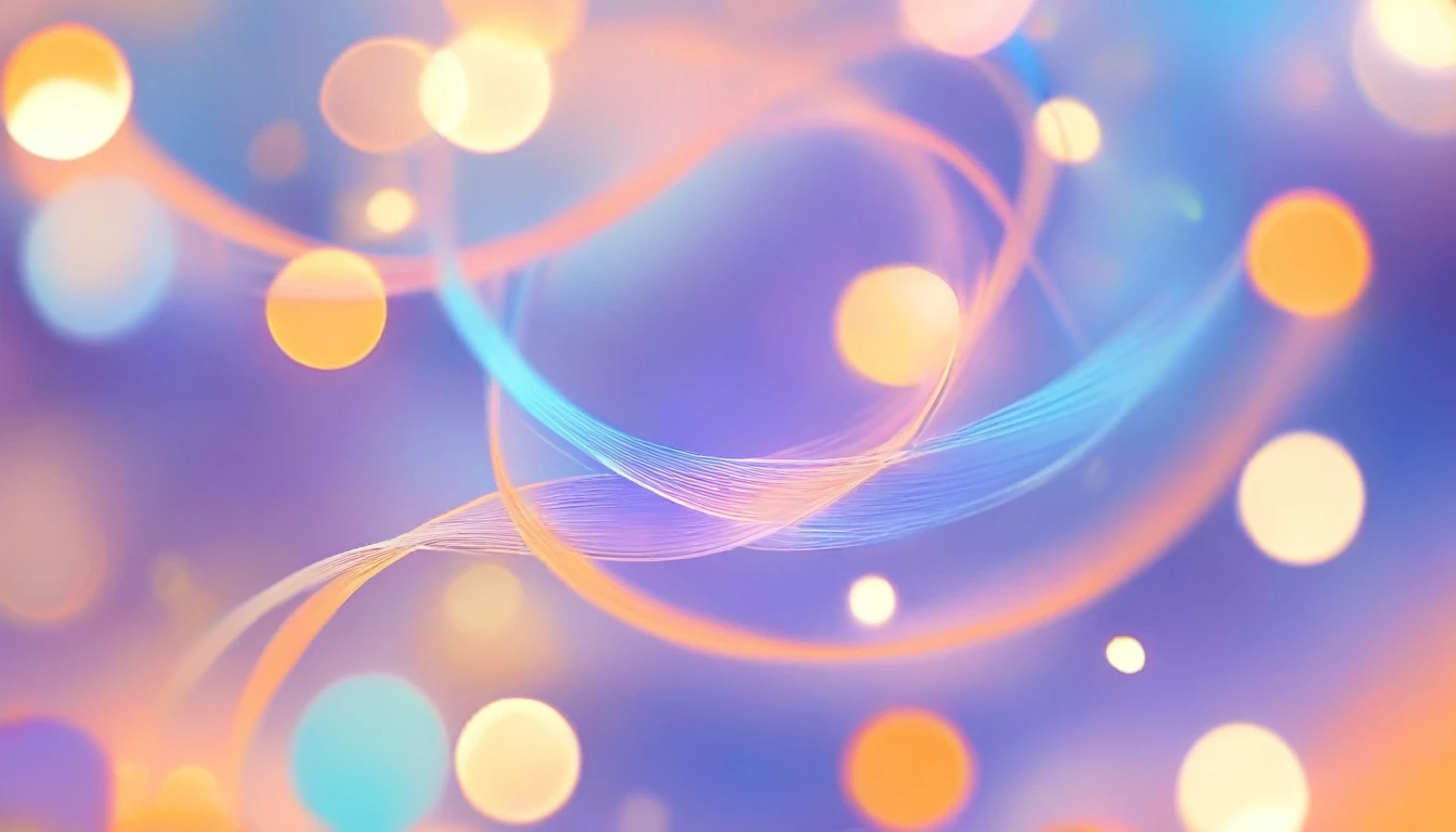 "Generate a 2D gift wrap pattern with abstract flowing lines in a mix of soft pastel colors like blue, orange, and lavender, combined with more contrasting colors. The lines should create a calming and soothing effect, perfect for a delicate and elegant presentation. Include round shapes and a generous amount of blurry bokeh lights to add depth and a dreamy visual interest."