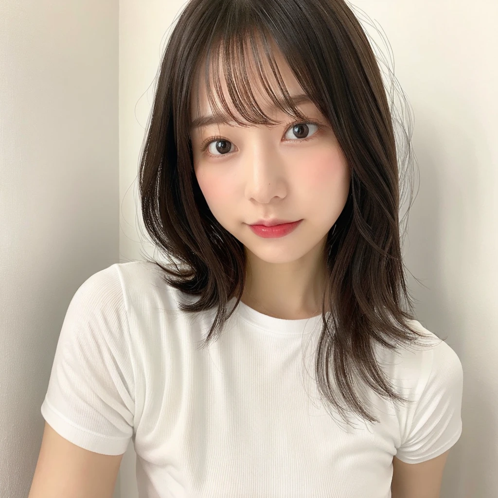 whiteroom, 1 person, Japanese woman, H~I cup, silver ratio, cute, middle block hair, white T-shirt,