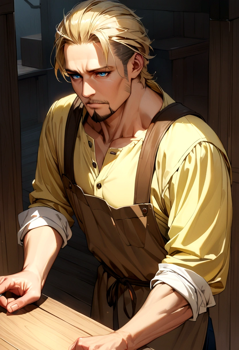 40 year old man, short blond hair, dark blue eyes, goatee, light yellow shirt, brown carpenter's apron.\