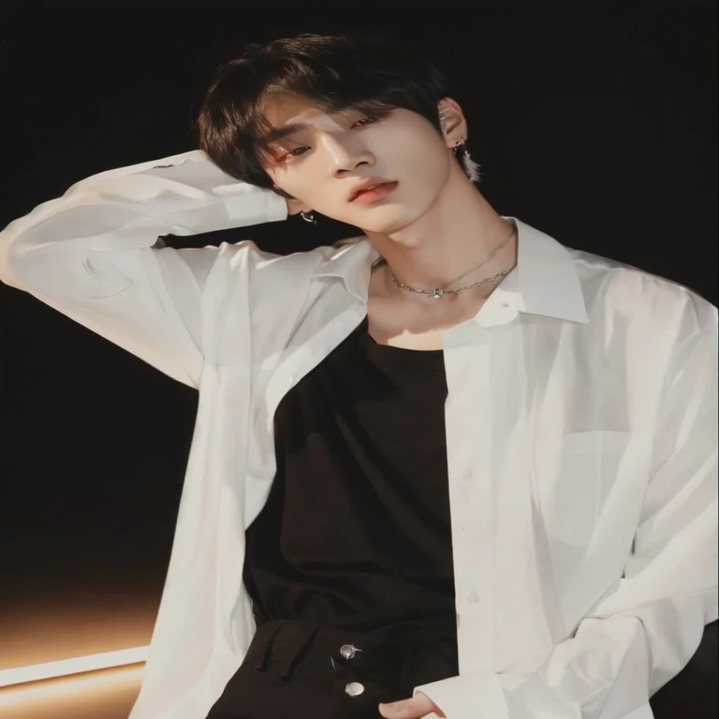 A close-up of a person wearing a white shirt and black pants, cai xukun, kim doyoung, wicked ulzzang, inspired by Bian Shoumin, jinyoung shin, delicate androgynous prince, hyung tae, beautiful androgynous prince, jungkook, Jung Jaehyun, inspired by jeonseok lee, jinyoung shin aesthetic, inspired by Zhang Han