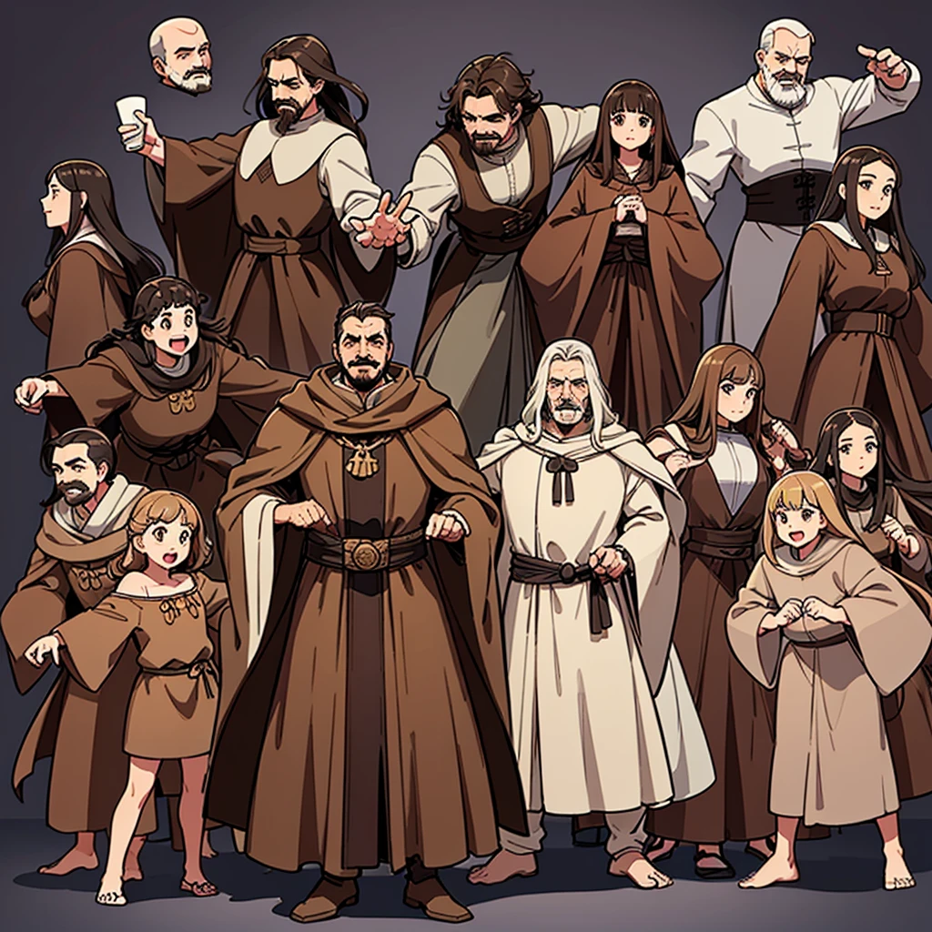 (Full body character concept、Various poses、10 people)、Highest quality, Best Quality,Best illustrations、middle ages、(((Simple brown robe)))、(40-year-old uncle、mature、Kaiser moustache、Hair length to shoulders)、(Open your mouth、smile)、Dramatic Angle、Movement angle、(From the side、profile)