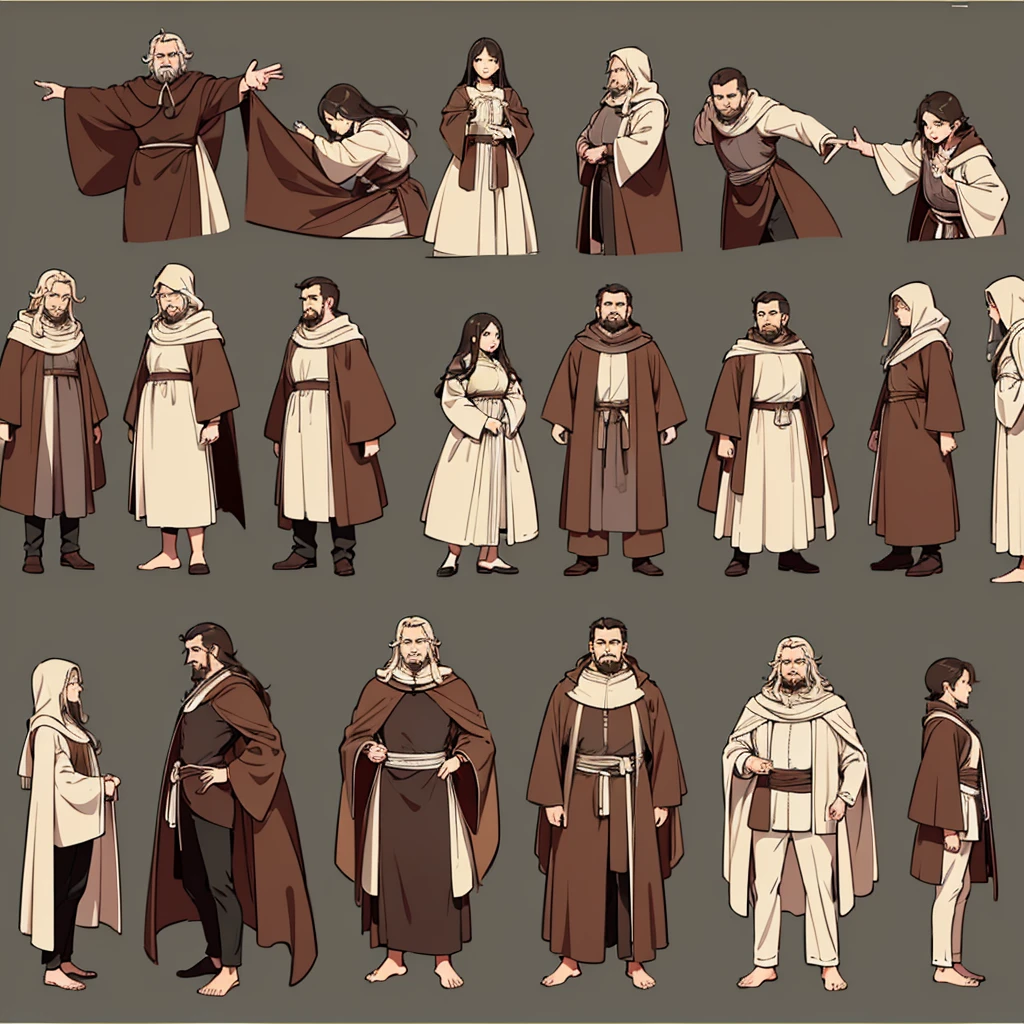 (Full body character concept、Various poses、10 people)、Highest quality, Best Quality,Best illustrations、middle ages、(((Simple brown robe)))、(40-year-old uncle、mature、Kaiser moustache、Hair length to shoulders)、(Open your mouth、smile)、Dramatic Angle、Movement angle、(From the side、profile)