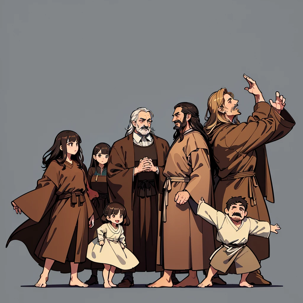 (Full body character concept、Various poses、10 people)、Highest quality, Best Quality,Best illustrations、middle ages、(((Simple brown robe)))、(40-year-old uncle、mature、Kaiser moustache、Hair length to shoulders)、(Open your mouth、smile)、Dramatic Angle、Movement angle、(From the side、profile)