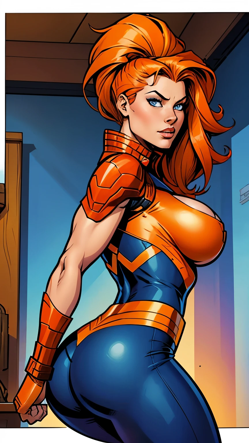 .21 years old woman , long and smooth orange tone hair, bright and expressive blue eyes, she opted for a mercenary outfit. Booty, busty. Comic style. Marvel comics