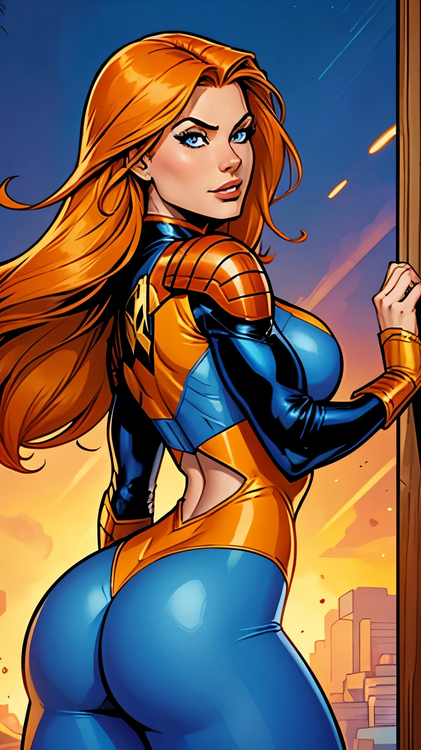 .21 years old woman , long and smooth orange tone hair, bright and expressive blue eyes, she opted for a mercenary outfit. Booty, busty. Comic style. Marvel comics