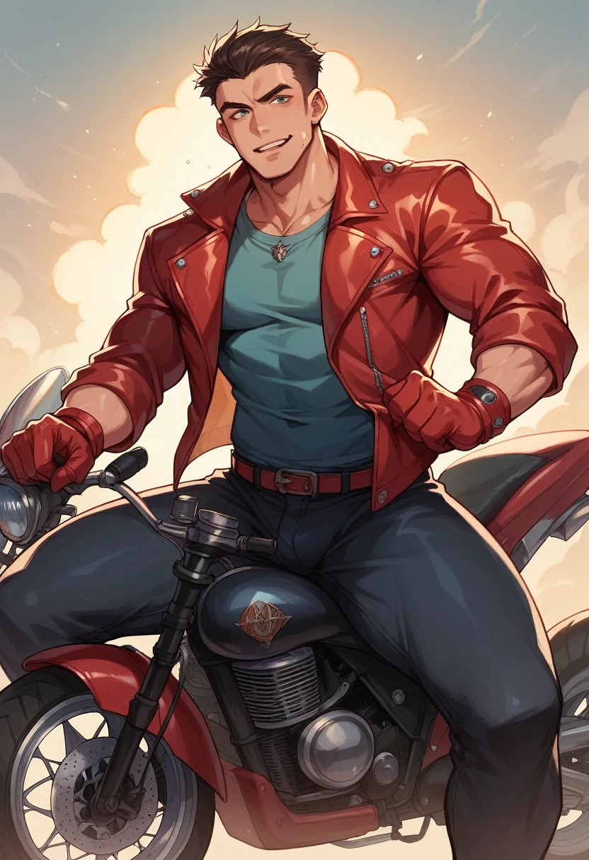 a handsome Korean man with big lips and small eyes,with a red leather jacket, on top of a motorcycle