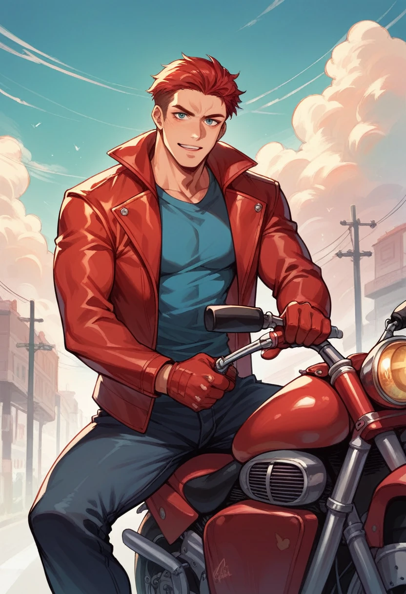 a handsome Korean man with big lips and small eyes,with a red leather jacket, on top of a motorcycle