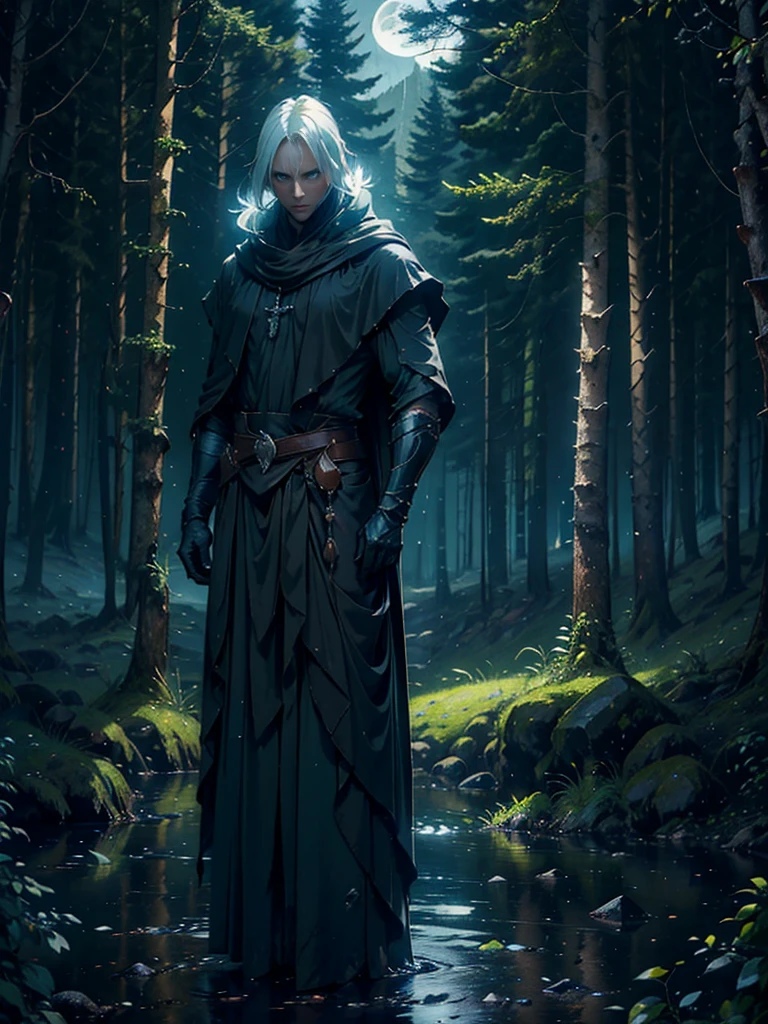 (Best Quality,ultra detailed), artificial raindrops falling, a man standing in the rain, white hair, blue eyes, detailed face(fail),dense forest landscape,majestic and serene nature, shining brightly in the night sky,black medieval outfit with pants glow in the moonlight, gentle style