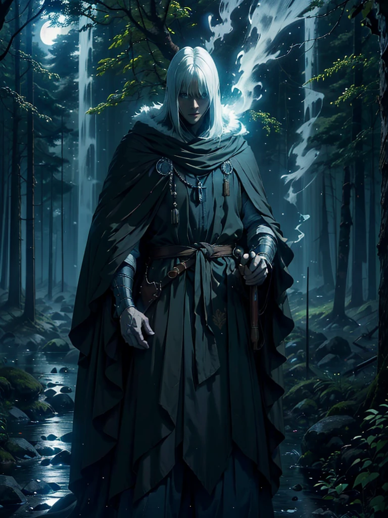 (Best Quality,ultra detailed), artificial raindrops falling, a man standing in the rain, white hair, blue eyes, detailed face(fail),dense forest landscape,majestic and serene nature, shining brightly in the night sky,black medieval outfit with pants glow in the moonlight, gentle style