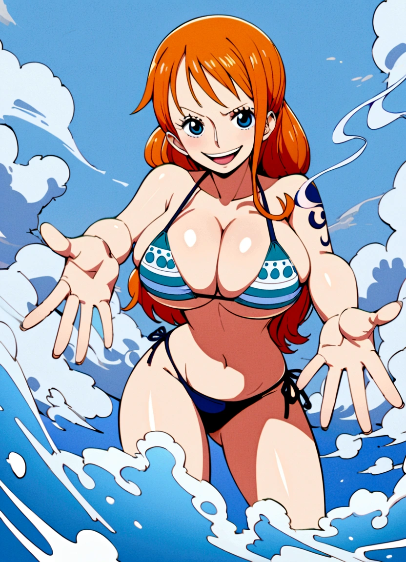 a cartoon picture of a woman in a bikini top and jeans, nami one piece, nami from one piece, nami, beautiful portrait of nami, from one piece, oppai, blue eyes, smoking, ponytail