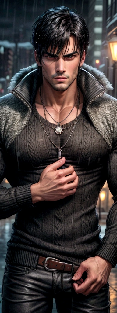 handsome male,muscular,handsome male,muscular,black hair,bangs,ribbed sweater,pendant,best quality,scowl,hand_to_mouth,in the rain,in winter,