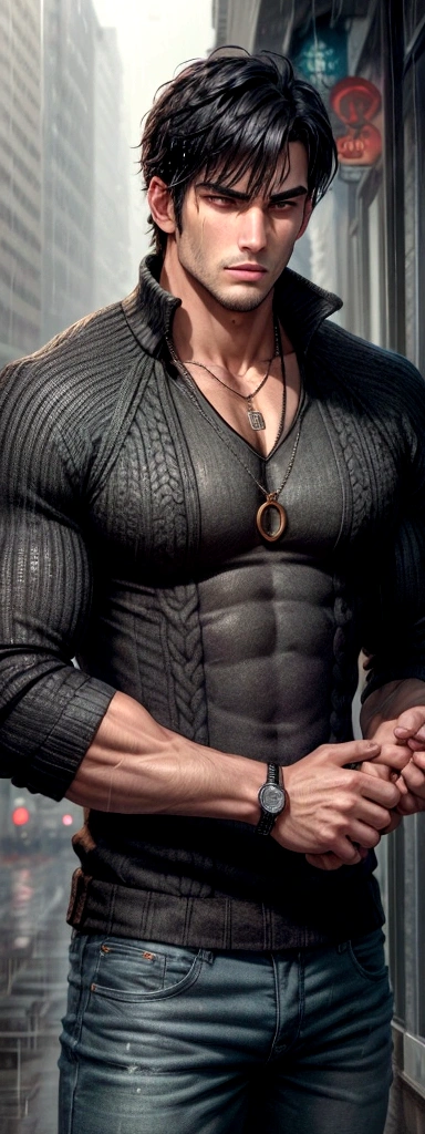 handsome male,muscular,handsome male,muscular,black hair,bangs,ribbed sweater,pendant,best quality,scowl,hand_to_mouth,in the rain,in winter,