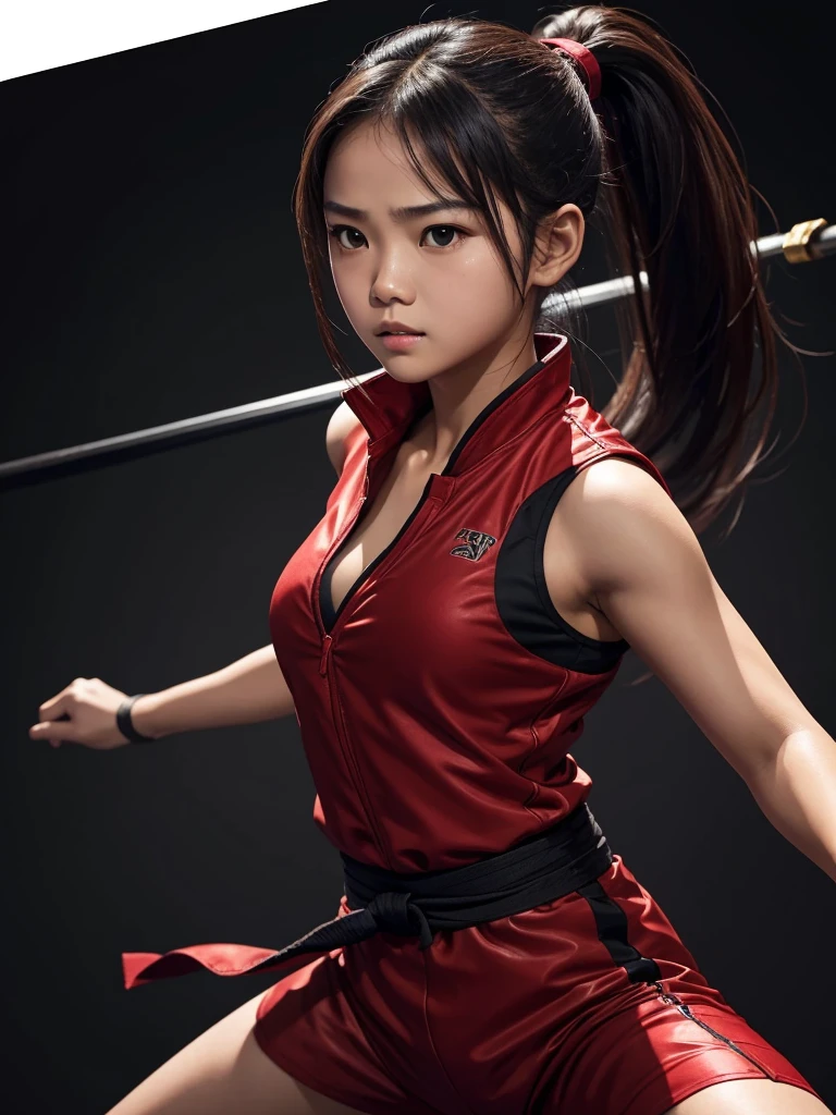 8K, Indonesian girl,cute innocent face,15 years old girl,ponyTail,dark brown hair,sexy red silat suit,cleavage.small breast,high quality silat、Dynamic Actions、fighting pose、dynamic background for sports poster, teenage face,Look at viewers,
