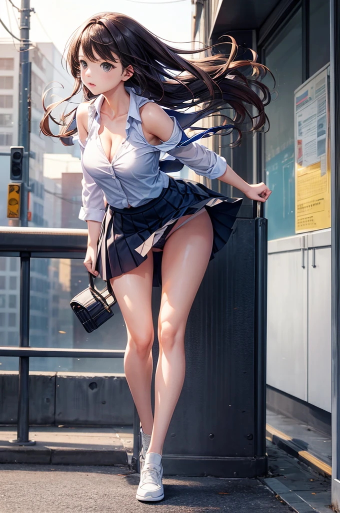 School girl, windy, mini skirt, , bare shoulders, skirt wind, full body, panties