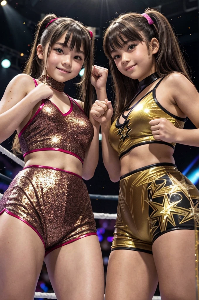  ((Highest quality)), 、Brown Hair, A professional wrestler with a very young face, ((Ultra high cut glitter wrestling costume)),, Pro wrestling、(Natural Makeup)、Cute Japanese Girl、Plump thighs、Big Breasts、Standing up in a wrestling match、Dark Background、、Very small waist、A girl in the spotlight、Hair Scrunchie、Very small waist、A girl with a very young face and twin tails、A young girl smiling and raising her fist、Beautiful hip joints、Browsing Caution:0.99