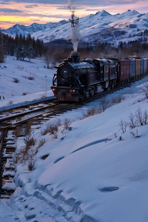 a snowy winter landscape in a small town, a long shot of a train station platform with few people, close-up and distant views, sunrise scenery, (best quality,4k,8k,highres,masterpiece:1.2),ultra-detailed,(realistic,photorealistic,photo-realistic:1.37),HDR,UHD,studio lighting,ultra-fine painting,sharp focus,physically-based rendering,extreme detail description,professional,vivid colors,bokeh,landscape,winter,cold,atmospheric,cinematic,dramatic lighting