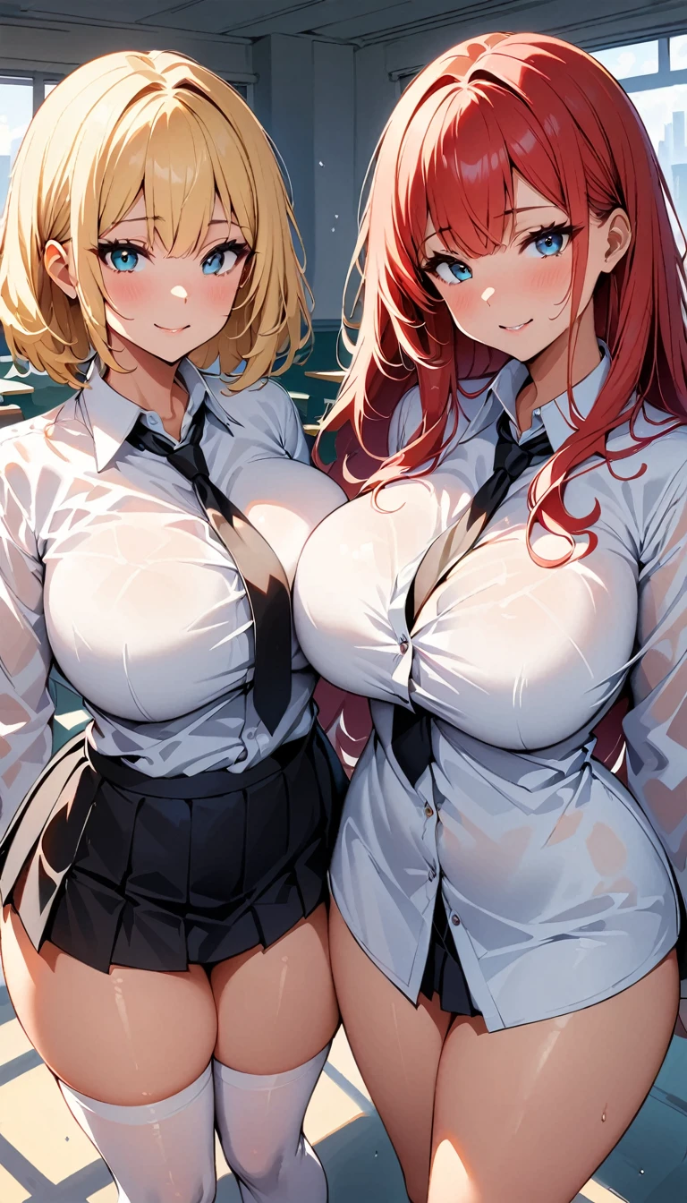 (high quality, 8k, 4K, high contrast, artwork:1.2, high quality, best aesthetics), ((3 woman)), erotic, sensual, mature body, super detailed, beautiful face detailed, beautiful eyes detailed, detailed beautiful mouth, sexy body, perfect breats, perfect wide thighs, (3 girls centered next to each other looking at the viewer), (all 3 are using: white dress shirt, black tie, short black skirt, long white socks), (empty classroom in the background), (purple hair), (red hair), (blonde hair), (one of the 3 has dark skin while the other two are white)