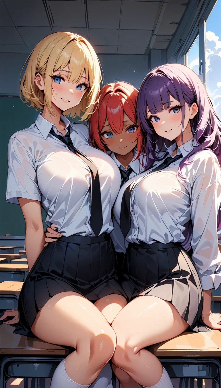 (high quality, 8k, 4K, high contrast, artwork:1.2, high quality, best aesthetics), ((3 woman)), erotic, sensual, mature body, super detailed, beautiful face detailed, beautiful eyes detailed, detailed beautiful mouth, sexy body, perfect breats, perfect wide thighs, (3 girls centered next to each other looking at the viewer), (all 3 are using: white dress shirt, black tie, short black skirt, long white socks), (empty classroom in the background), (purple hair), (red hair), (blonde hair), (one of the 3 has dark skin while the other two are white)