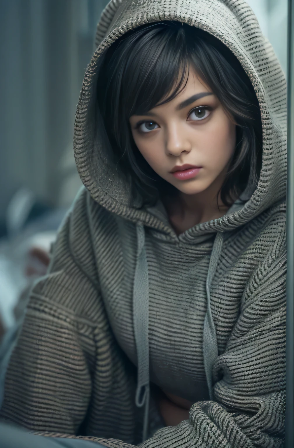 Beautiful girl wearing a thick blue sweatshirt hoodie