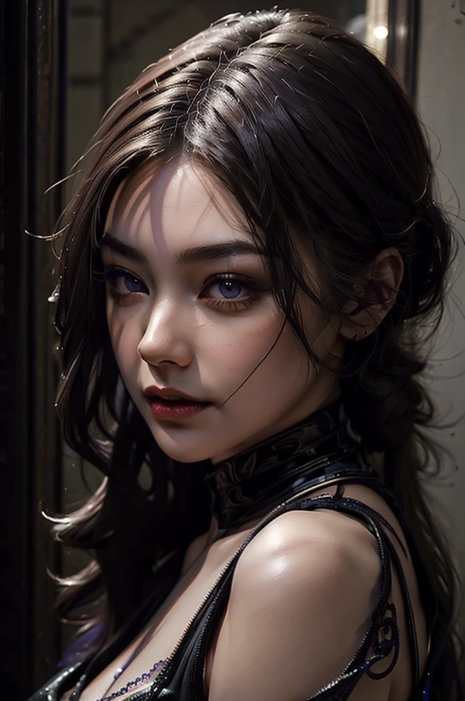 1 girl, mysterious, mouth covered, purple hair, hot, sexy, beautiful detailed eyes, beautiful detailed lips, extremely detailed face, longeyelashes, elegant dress, dramatic lighting, cinematic, dark fantasy, chiaroscuro, dramatic colors, rich textures, intricate details, ultra-detailed, 8k, hyperrealistic, masterpiece, digital art, concept art