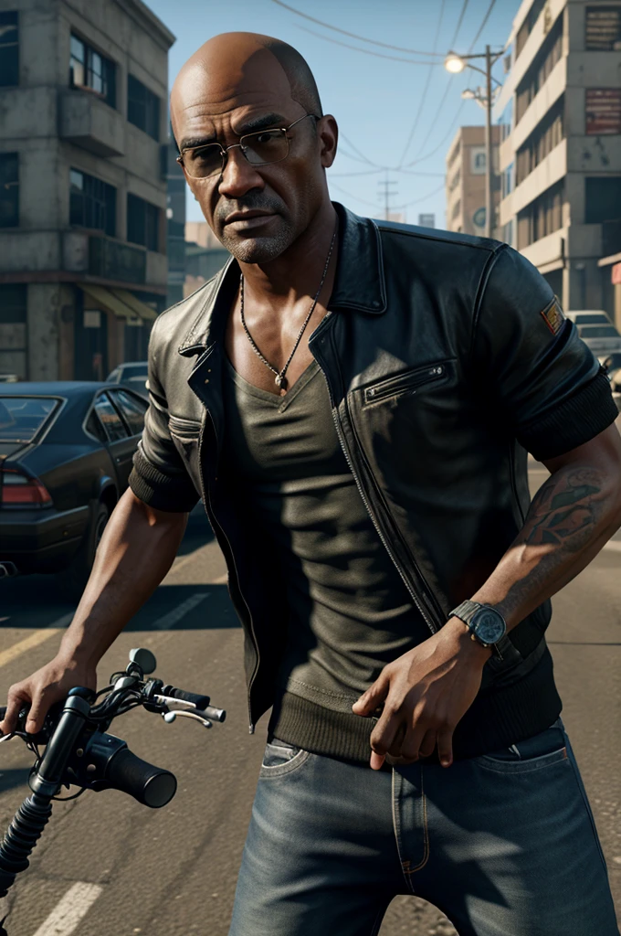 make a cinematic, realistic image of a Trevor Phillips takes revenge from bikers gang in GTA 5 game., 4k, aspect ratio 16:9"