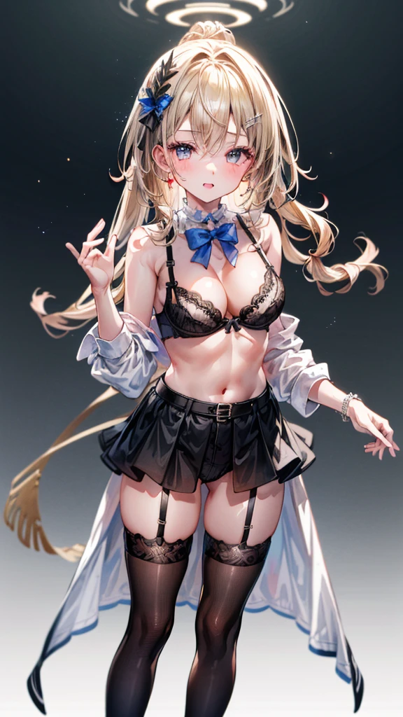 (Best quality, 8k, 32k, Masterpiece, UHD,:1.2),RAW, human, 1girl,ultra cute , ultra cute, natural lighting,transparent shining eyes, 20yo, medium breast ,femur, fair complexion , flushed face, symmetrical black garter stockings、black lace bra, fun! 