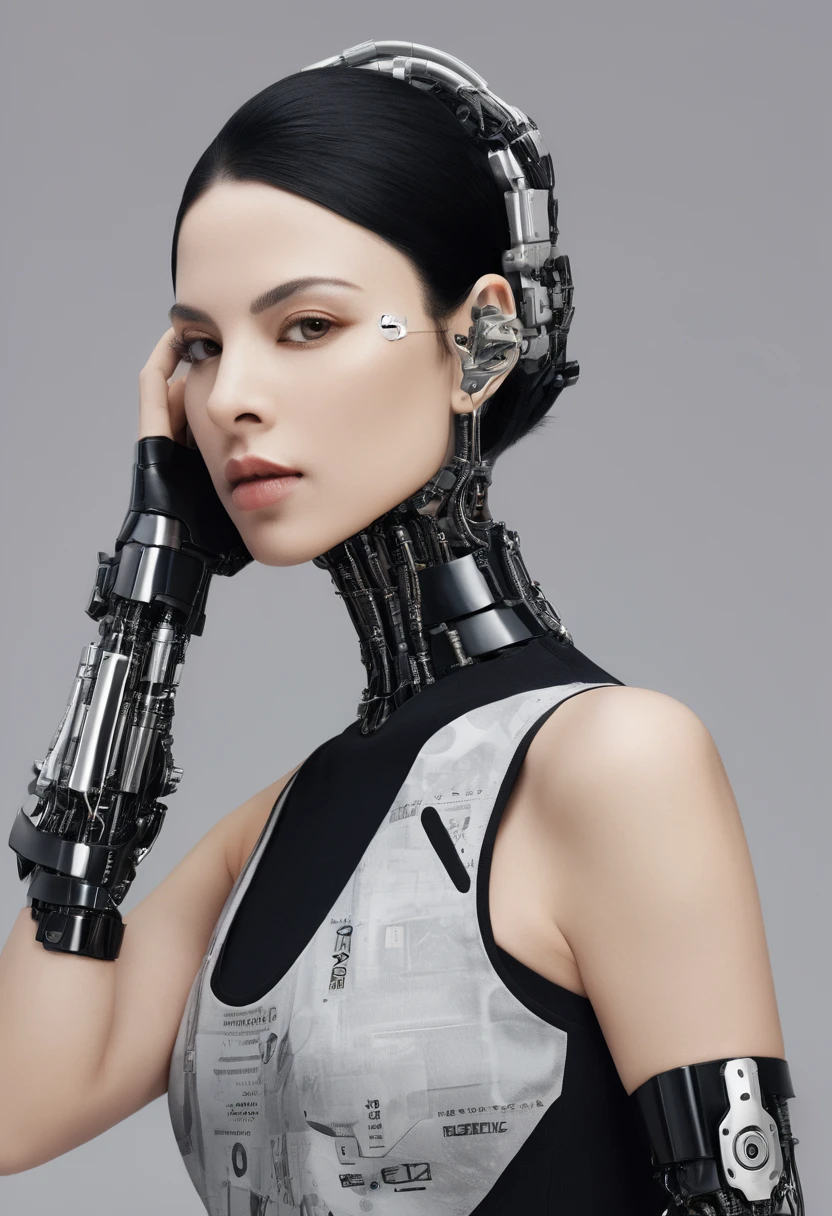 A woman with short black hair, wearing a black top, is posing with her hand on her head, she has a robotic arm with Arabic writing on it, the background is a plain grey, the image is a photorealistic digital painting, with a focus on the details of the woman's face and the robotic arm.