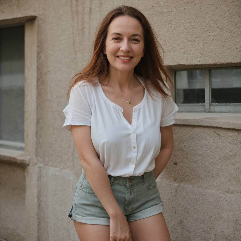 1 girl, solo, Caucasian, Old woman, mature, her name is Sophia, (mother), ((consistent face and image)), (((60 years old woman))), (((wrinkles))), ((long red hair)), ((fair skin)), ((round face)), ((short roman nose)), ((brown plump lips)), ((full body)), ((half body shot)), (((sexy and chubby body))), (((wearing shorts and blouse))), (at Portugal), smirk, ((summer season)),