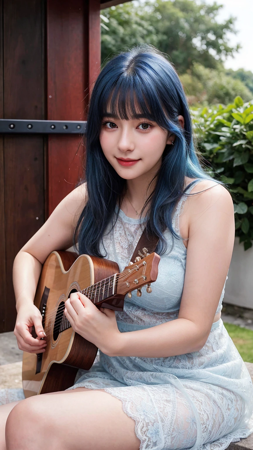 ((best quality)), photorealistic, photorealism, Photorealistic, high resolution, ((Wearing silver transparent lace dress))、smile、A superb beauty、Super cute、ennui、Rare beauty、Very Short hair、Black Dark Eyeshadow、Sad、white skin、pale skin, Very short hair layered、Cute Makeup、Cute Smile、Fragrant beauty、Garden background、Mastepiece、Best Quality、Refers to 5 books、Sweat glistening on my chest、Sweat glistening on my face、Medium breasts、Blue hair、Age 20 years old、Mysterious look、A sad expression、Blue Hair、Glamorous concert stage、Sweating profusely all over the body、Plenty of sweat glistening on the thighs、A large amount of sweat glistens on my thighs、Sweating profusely、Gal、Medium breasts、Beautiful face、Alluring expression、Sitting、Sitting playing guitar、Thick thighs、Playing guitar、I have a guitar、Sing a song enthusiastically、Playing guitar in a band、Rock band、Playing guitar chords、Live House Background、Sing a song、Open your mouth、Live house scenery、Glamorous live stage、Dynamic Angle