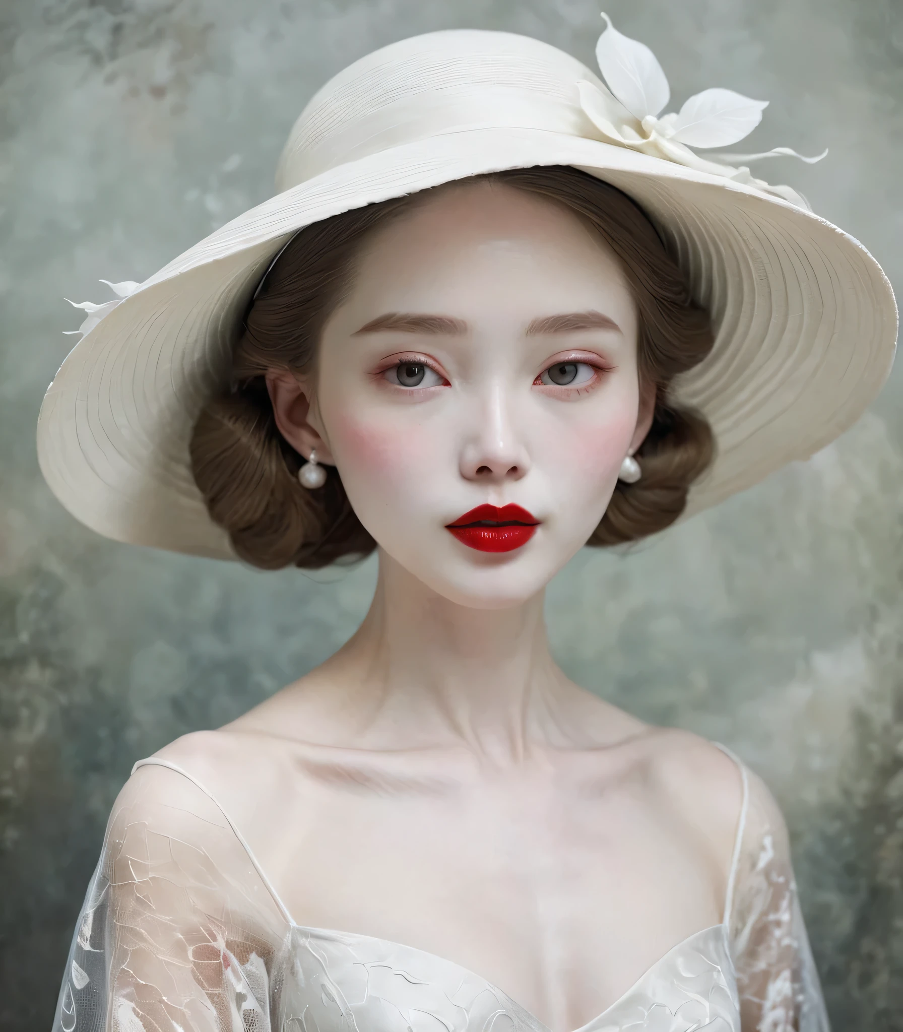 Beautiful Araped woman in dress with white hat and red lips, pale porcelain white skin, Guweizu, Guweizu masterpiece, artwork in the style of Guweizu, soft portrait 8k, Pale Little Ghost Girl, porcelain white skin, by Russell Lu Dongjun, pale milky white porcelain skin, Elegant woman with alabaster skin. Smilling