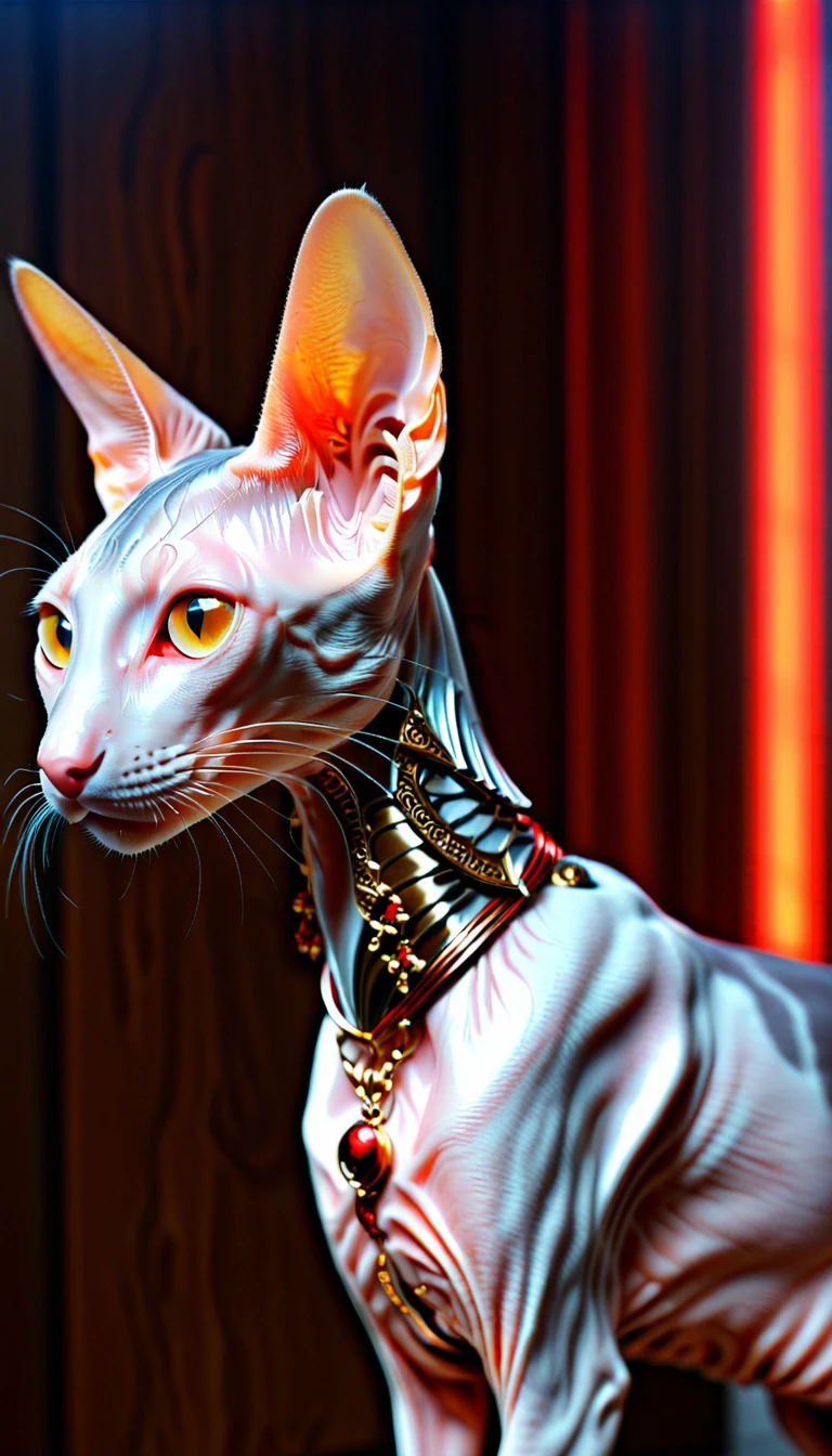 There is no one, realistic photo, realism, Oriental Shorthair (Oriental Shorthair) cat, future oriented, metal decoration, Shining red light inside, hollow interior, Polish, ray tracing, perfect composition, intricate details, Very sharp, masterpiece, profile, high resolution