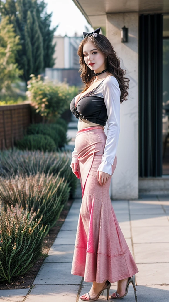 (girl in luxurious garden), 1girl, solo girl, 20 year old girl, ((full body shot:1.5)), (Masterpiece:1.5), (hyperrealistic, hyperdetailed:1.1), (looking at viewers, front view, looking at camera), sharpen, fair skin, fairness, ultra realistic face, detailed face, detailed eyes, detailed lips, red lips, beautiful face, 16k, FHD, raw photo, pretty face mesh, intricate, extremely detailed, ultra realistic texture, smooth skin, realistic face, glow lip, very_high_resolution, perfect figure, fit body, attractive hair style, fancy hair ornaments, (huge sagging breasts, perfect perky breast, perfect rounded breasts, cleavage, Belly button piercing), (attractive body figure), (fancy high heel),
((Fancy pink maxi skirt), bodycon maxi skirt, shapewear maxi skirt, flared maxi skirt, bottom flare maxi skirt, (bottom flared maxi skirt), (fancy blouse, neck_ribbon, deep neck, V-neck blouse, long sleeves, embroidery blouse)), ,
