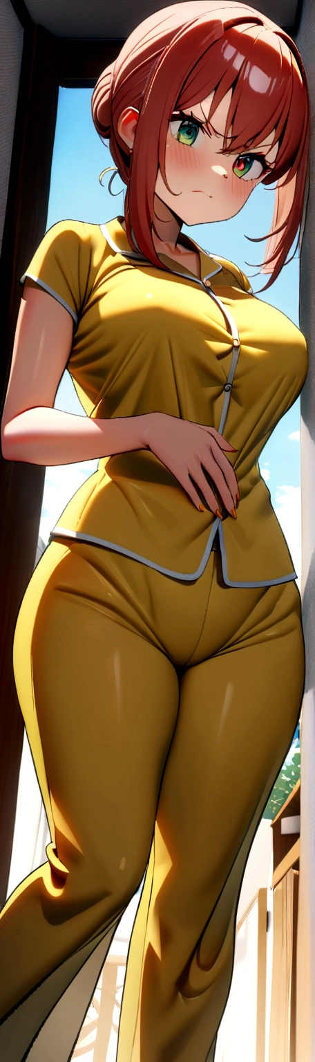 3 girls, ((First girl: Long twin tail red hair, blue eyes, tall, busty, curvy, pink pajamas)), ((Second girl: Long straight brown hair, green eyes, tall, busty, curvy, green pajamas)), ((Third girl: Short yellow hair, red eyes, short, slim, flat, yellow pajamas)), all are inside the bedroom, all girls are angry, 8k, Masterpiece, Ray tracing.