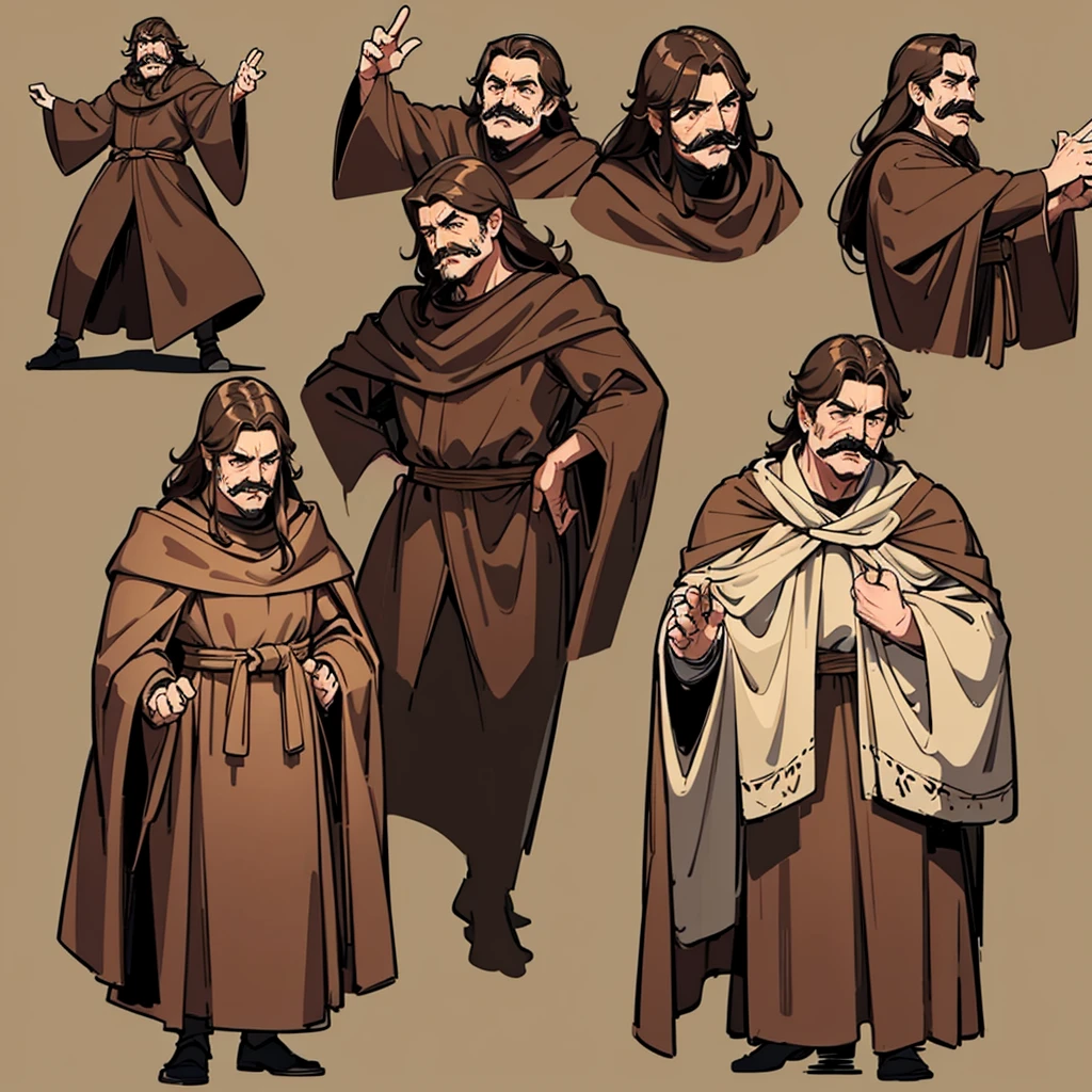 (Full body character concept、Various poses、10 people)、Highest quality, Best Quality,Best illustrations、middle ages、(((Simple brown robe)))、(40-year-old uncle、mature、Kaiser moustache、Hair length to shoulders)、(Open your mouth、smile)、Dramatic Angle、Movement angle、(From the side、profile)