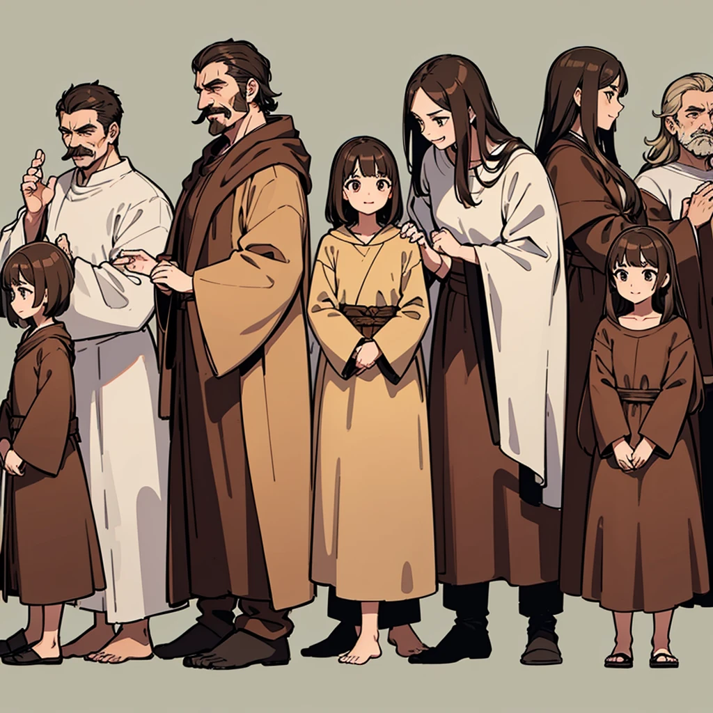 (Full body character concept、Various poses、10 people)、Highest quality, Best Quality,Best illustrations、middle ages、(((Simple brown robe)))、(40-year-old uncle、mature、Kaiser moustache、Hair length to shoulders)、(Open your mouth、smile)、Dramatic Angle、Movement angle、(From the side、profile)