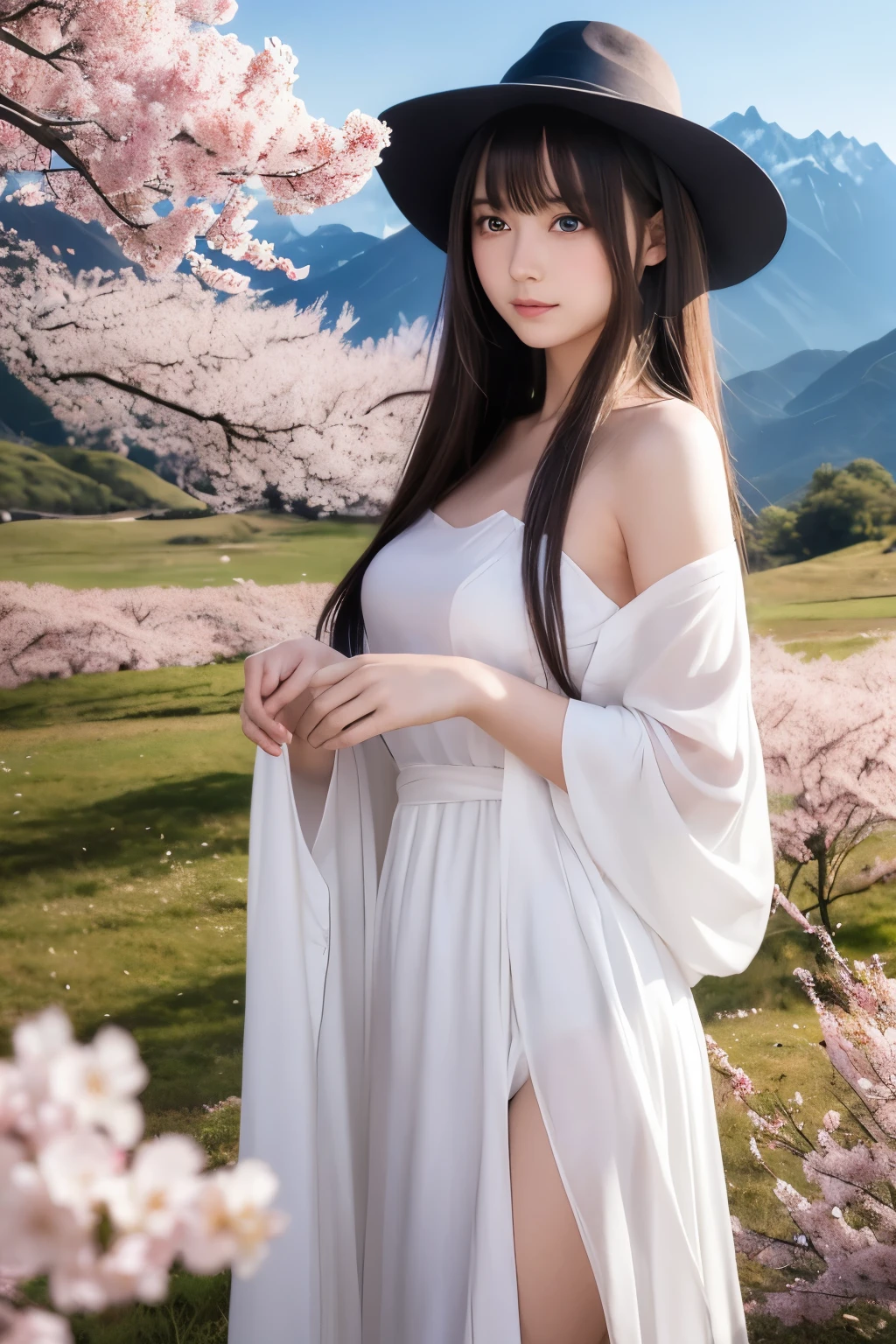 1 Girl: A Stunning Young Japanese Girl with Long Straight Hair and Bangs, Blue Eyes, and Symmetrical Facial Features
- White Soft Skin with Small Lips, Flat Belly, Long Legs, Ergonomic Hands and Fingers, and a Relaxed Aesthetic Body Shape
- Wearing a Silky Shining Dress, Accompanied by a Wizard Hat, in a Fantasy Scene at Dawn, Amidst a Field of Cherry Blossoms and a Majestic Mountain Backdrop
- Photorealistic Style, Ultra-Detailed, with Soft Light and a Warm Tone, Utilizing High D