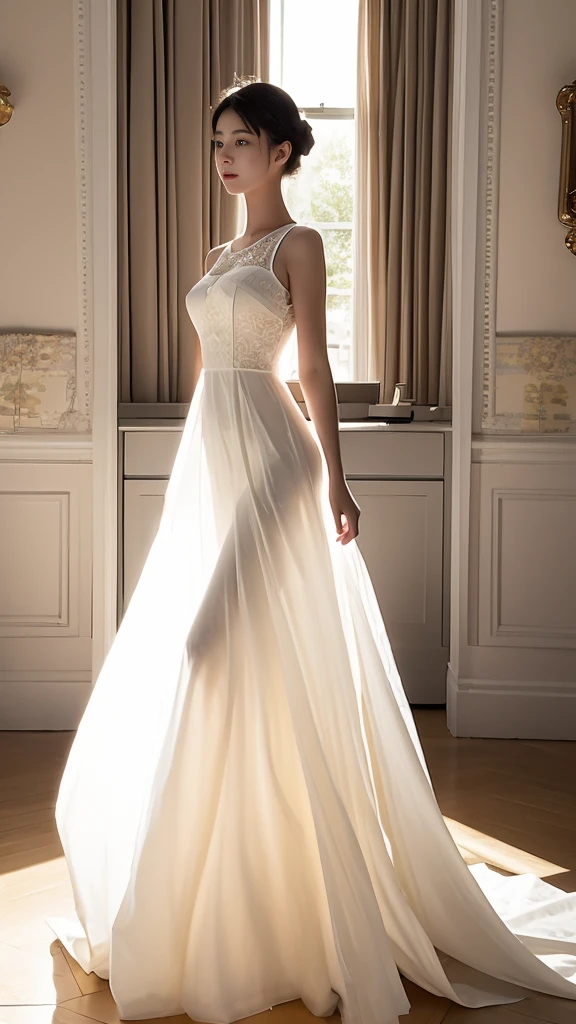 ((Best quality，High Detail，masterpiece:1.2))，（Backlight, See through body contours：1.3）, 1 20-year-old girl, full-body shot：1.3，White dress dress,Clear facial features：1.5，standing solo, Elegant posture，Delicate face, Perfect body